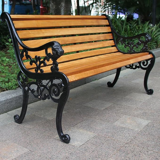 Garden Bench, Cast Iron Metal Frame Patio Park Bench, Wrought Iron Bench with Backrest and Armrests, Patio Bench with Wood Seat, Outside Furniture Decor, for Lawn, Park, Deck(Yellow)