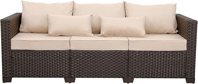 Outdoor Furniture Couch 3 Seater Sofa Outdoor Brown Wicker Sofa Deep Seat High Backrest Patio Couch with Non-Slip - Photo 7