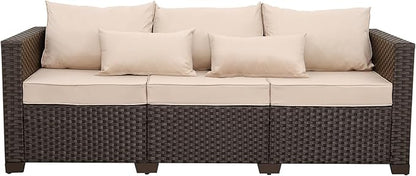 Outdoor Furniture Couch 3 Seater Sofa Outdoor Brown Wicker Sofa Deep Seat High Backrest Patio Couch with Non-Slip Cushions Waterproof Cover, Khaki
