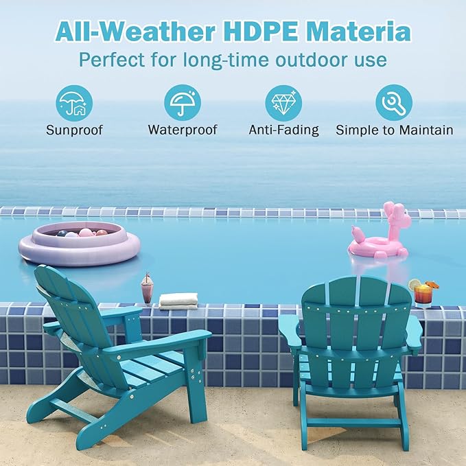 Costzon Adirondack Chair Set of 2, All-Weather HDPE Patio Chair with Armrests, Fire Pit Chair for Ages 3-8, Outdoor Patio Lounge Chair for Garden, Lawn, Backyard (2, Turquoise)