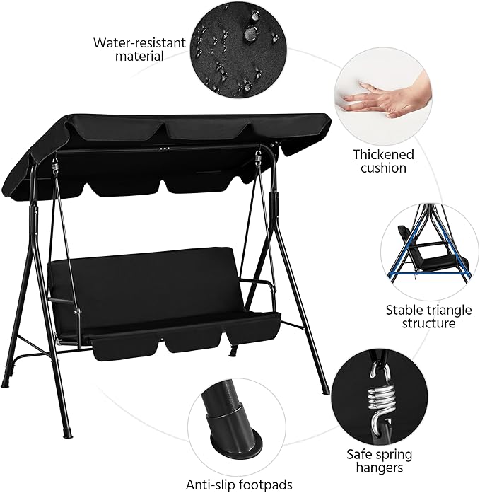 Yaheetech 3-Seat Patio Swing Chair, Outdoor Canopy Porch with Adjustable Canopy & Removable Cushion - Photo 7