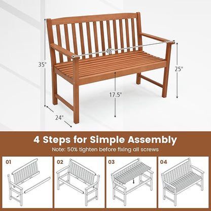 Tangkula Outdoor Garden Bench, 2-Person Eucalyptus Wood Bench with Backrest, Armrests and Slatted Seat, Patio Garden Bench for Yard, Porch, 800 lbs Capacity, Natural