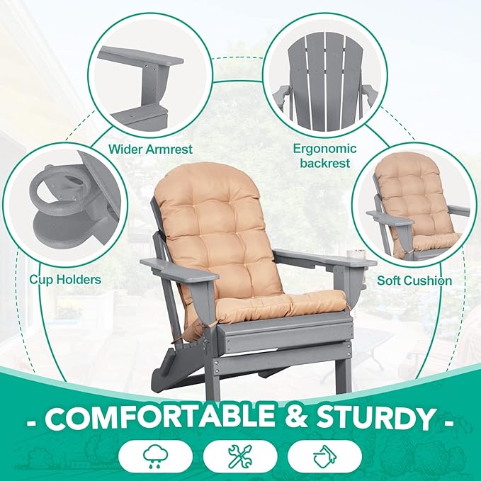 Adirondack Chairs Set of 2 with Cushions & Cup Holders, HDPE Weather Resistant Folding Adirondack Chair for Adults - Photo 4