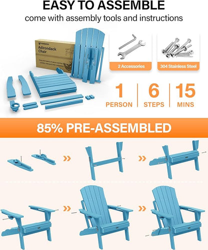 Adirondack Chair with Cup Holder: Adirondack Chairs set of 2 Plastic HDPE Material Furniture - Composite Fire Pit Chairs Foldable for Outdoor/Backyard/Garden/Lawn/Deck/Porch/Patio