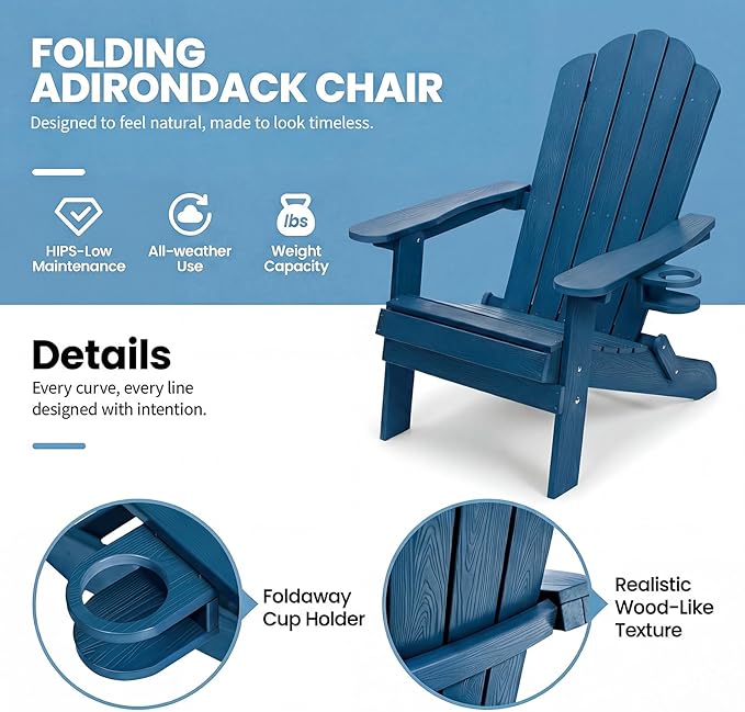 JEKO&JEKO Folding Adirondack Chair, All-Weather Outdoor Chair with Cup Holder, Plastic Adirondack Chair for Patio, Garden, Lawn, Porch, Deck, Backyard – Navy Blue