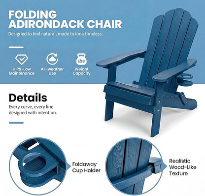 JEKO&JEKO Folding Adirondack Chairs Set of 2, All-Weather Outdoor Chair with Cup Holder, Plastic Adirondack Chair for Patio, Garden, Lawn, Porch, Deck, Backyard – Navy Blue