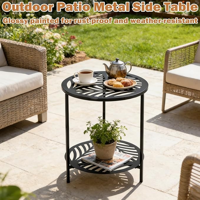 17.7" Two-tiered Metal Round Side Tables Extra-large Black Outside End Table for Patio Round Accent Garden Corner Stand - Photo 6