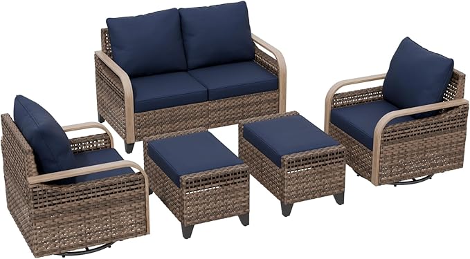 Modern Wicker Outdoor Swivel Rocking Chairs, Rattan Glider Rocker Patio Furniture for Backyard, Deck, Porch, Garden, 2 Chairs 2 Ottomans, Brown/Blue