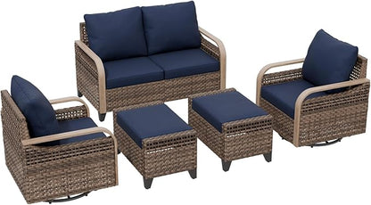 Modern Wicker Outdoor Swivel Rocking Chairs, Rattan Glider Rocker Patio Furniture for Backyard, Deck, Porch, Garden, 2 Chairs 2 Ottomans, Brown/Blue