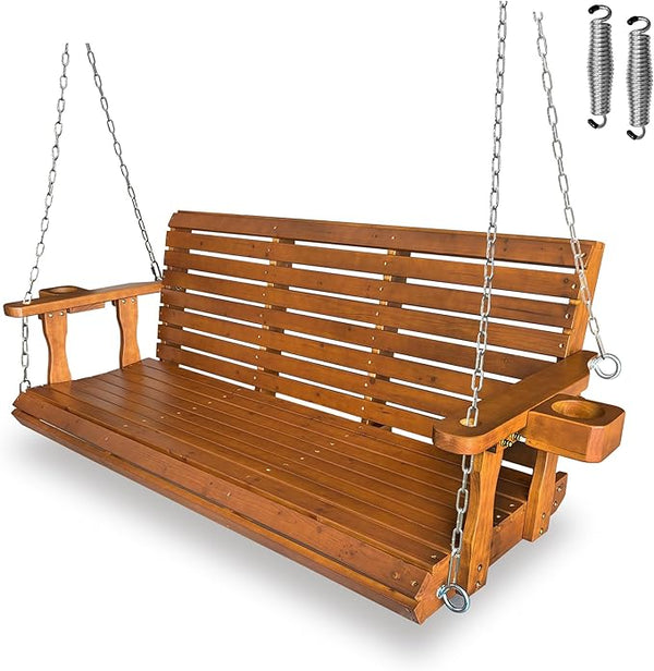 Wooden Porch Swing 3-Seater, Bench Swing with Cupholders, Hanging Chains and 7mm Springs, Heavy Duty 800 LBS - Photo 1