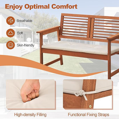 HAPPYGRILL Outdoor Wood Bench Patio Solid Wood Loveseat with Comfortable Backrest & Cushions, Breathable Slatted Seat, Outside Loveseat Chair for Balcony Porch Garden