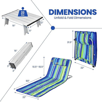 Giantex Beach Chairs for Adults 2 Pack Set with Side Table, 5 Position Adjustable Folding Lawn Chair for Sunbathing, Patio Chaise Lounge Lightweight Backpack Camping Chairs (Stripe)