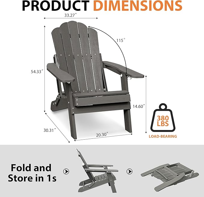 Clihome Outdoor Adirondack Chair Folding Lounge Chairs for Outside Patio Chairs Lawn Chair Plastic Adirondack Chairs for Yard, Garden
