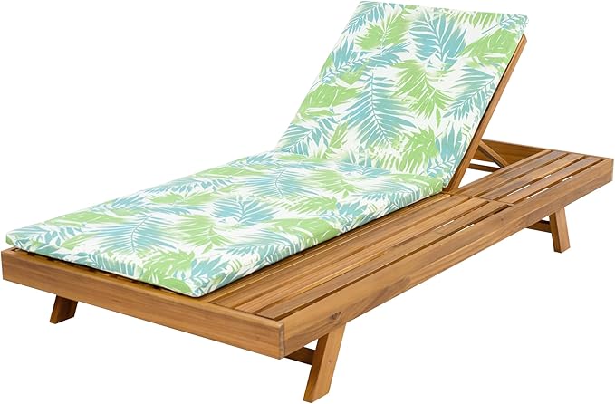 Christopher Knight Home Kayes Acacia Wood Chaise Lounge with 2'' Cushion, Outdoor 79'' Patio Recliner Chair with 4-Position Adjustable Backrest, Sun Lounger for Poolside Backyard, Teak+Green Leaf