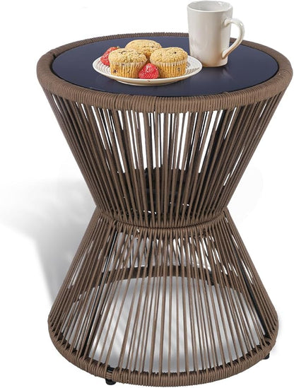 SUNNYPARK Outdoor Side Table 20'' H Small End Tables Woven Rope Weather Resistant with Glass Top Round Coffee Table for Indoor Balcony Patio Poolside (Brown)