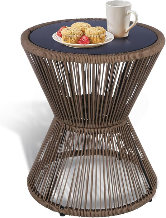 SUNNYPARK Outdoor Side Table 20'' H Small End Tables Woven Rope Weather Resistant with Glass Top Round Coffee Table for Indoor Balcony Patio Poolside (Brown)