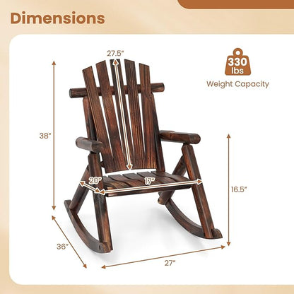Giantex Outdoor Wooden Rocking Chair, Adirondack Porch Rocker with High Back and Wide Seat, Rustic Log Patio Chair for Front Porch Backyard Garden Balcony Deck, Brown (27”x36”x 38”)