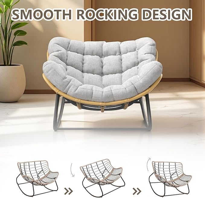 Oversized Papasan Rocking Chair with Cushion, Indoor/Outdoor Wicker Egg Lounge Rocker, Supports 300 lbs, Comfortable Patio Recliner for Bedroom, Living Room, Porch, Garden, Backyard-Grey
