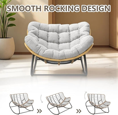 Oversized Papasan Rocking Chair with Cushion, Indoor/Outdoor Wicker Egg Lounge Rocker, Supports 300 lbs, Comfortable Patio Recliner for Bedroom, Living Room, Porch, Garden, Backyard-Grey