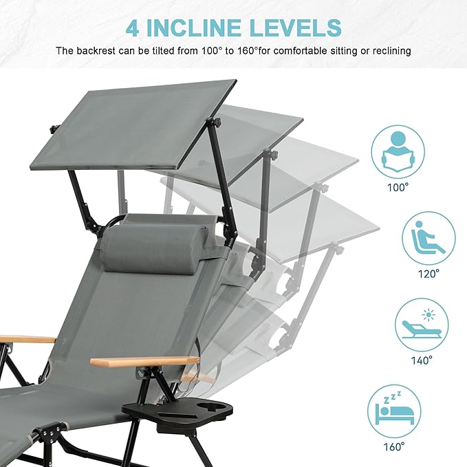 Outdoor Chaise Lounge Chair with 4-Position Adjustable Backrest, Patio Folding Sun Tanning Chair, Pillow & Cup Holder - Photo 4