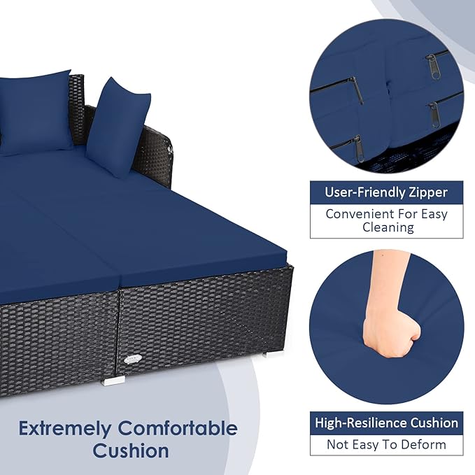 Tangkula Outdoor Rattan Daybed, Sunbed Wicker Furniture w/Spacious Seat, Upholstered Cushion & High-Resilience Sponge - Photo 5