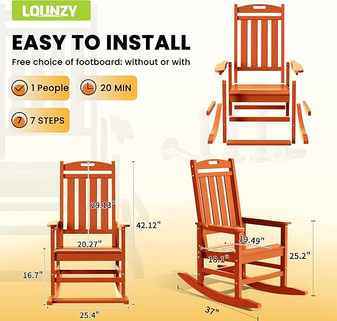 LOUNZY Outdoor Rocking Chair, HDPE Patio Rocking Chair with Footboard for Adults, All Weather Heavy Duty Front Porch Rocker, Orange