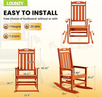 LOUNZY Outdoor Rocking Chair, HDPE Patio Rocking Chair with Footboard for Adults, All Weather Heavy Duty Front Porch Rocker, Orange