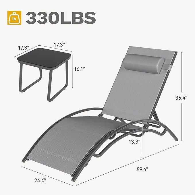 DWVO Outdoor Chaise Lounge Chair Set, 3-Piece Patio Lounge Chairs with Coffee Table & 5-Position Adjustable Backrests, Headrest, Armrest, Sunbathing Recliners for Poolside, Backyard, Navy