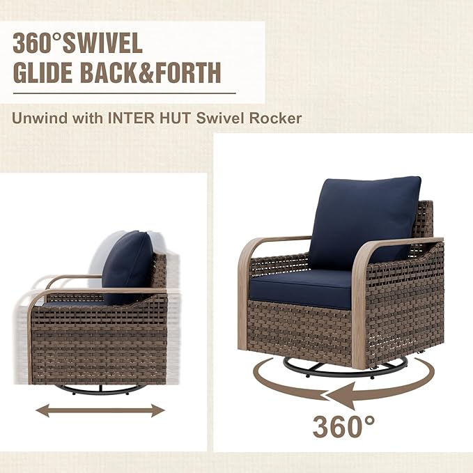 Modern Wicker Outdoor Swivel Rocking Chairs, Rattan Glider Rocker Patio Furniture for Backyard, Deck, Porch, Garden, 2 Chairs 2 Ottomans, Brown/Blue