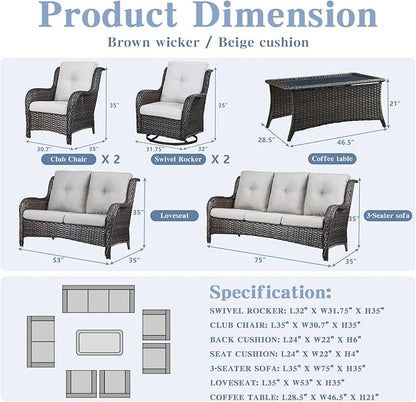 Belord Outdoor Furniture Wicker Conversation Sets - 7 Piece Patio Rattan Furniture Sets with Swivel Rocker Chairs Outdoor Sofa for Porch Deck Backyard Brown/Beige