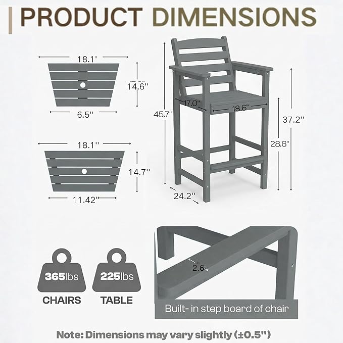 Kingdura Tall Adirondack Chairs Set of 2, Weather Resistant HDPE Bar Height Outdoor Stools with Removable Double Connecting Trays, Wooden Grain for Patio, Balcony, Deck (Grey)