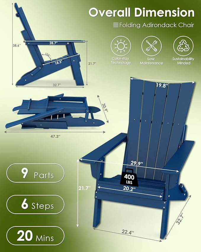 GREENVINES Folding-Adirondack-Chair | HDPE Plastic | Arch Series | Fire Pit Chairs | All Weather | for Outdoor Patio Deck Backyard Poolside | Blue