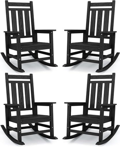 KINGYES Oversized Outdoor Rocking Chair Set of 4, All-Weather Patio Rocking Chairs for Porch, HDPE Outdoor Patio Rockers with High Back & Wide Seat for Garden, Lawn, Black