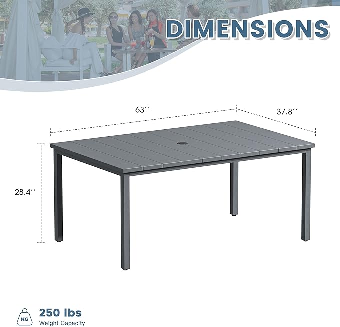 DIFY 63" Rectangle Outdoor Dining Table for 6, Slatted Metal Patio Table with Adjustable Umbrella Hole, All-Weather Patio Dining Table for Garden Backyard Deck, Grey Tabletop