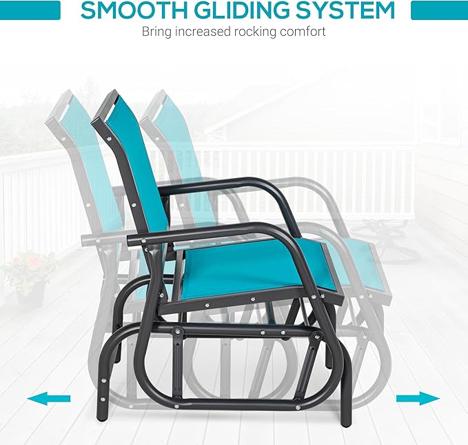 Outsunny Porch Glider, Metal Frame Swing Glider Chair with Breathable Mesh Fabric, Curved Armrests and Steel Frame for Garden, Poolside, Backyard, Balcony, Blue