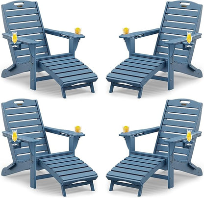 Folding Adirondack Chairs Set of 4,Adirondack Chair with Retractable Ottoman,Plastic Adirondack Chairs with 2 Cup Holder,Weather Resistant Patio Chair,Outdoor Chairs Set of 4(Navy Blue)