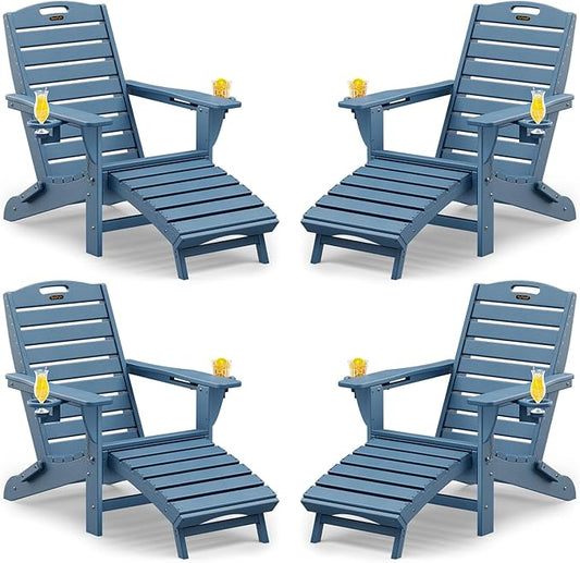 Folding Adirondack Chairs Set of 4,Adirondack Chair with Retractable Ottoman,Plastic Adirondack Chairs with 2 Cup Holder,Weather Resistant Patio Chair,Outdoor Chairs Set of 4(Navy Blue)