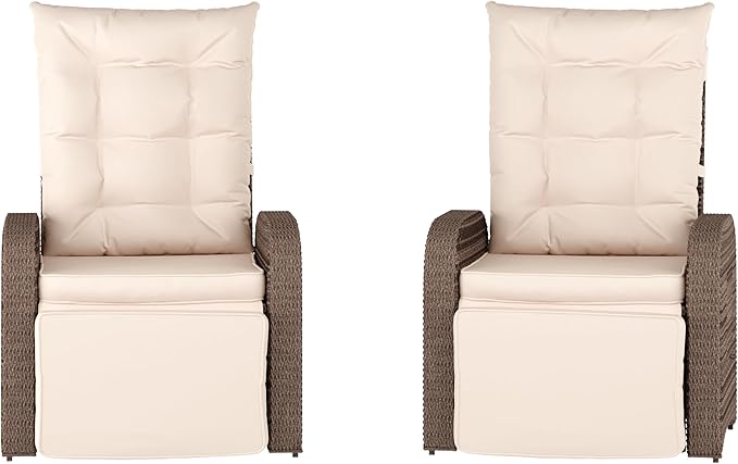 Flash Furniture Nemo Indoor/Outdoor Patio Wicker Rattan Recliner, Lounge Chair with Flip-Up Side Table, Set of 2, Beige/Brown
