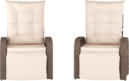 Flash Furniture Nemo Indoor/Outdoor Patio Wicker Rattan Recliner, Lounge Chair with Flip-Up Side Table, Set of 2, Beige/Brown