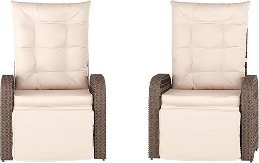 Flash Furniture Nemo Indoor/Outdoor Patio Wicker Rattan Recliner, Lounge Chair with Flip-Up Side Table, Set of 2, Beige/Brown