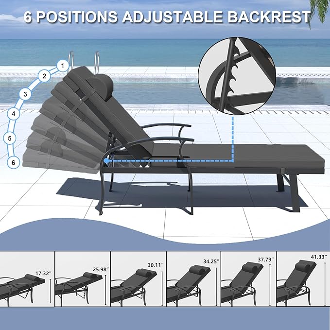 Kurapika Patio Chaise Lounge Set 3 Pieces, Aluminum Outdoor Lounge Chair, Adjustable Backrest, Pool Sunbathing Recliners with Side Table for Poolside Beach, Black