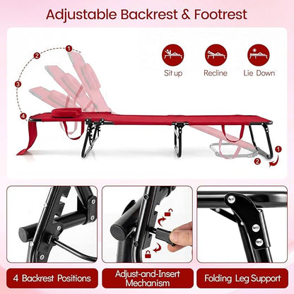 COSTWAY Tanning Chair with Face Hole, Pillows & Adjustable Backrest, Portable with Carrying Bag, Folding Beach Chaise Lounge for Sunbathing, Seaside (1, Red)