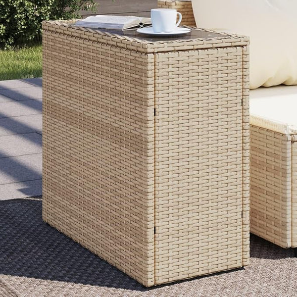 Garden Side Table Beige Black, Rectangular Tempered Glass Top Outdoor Table for Patio Balcony - Photo 1