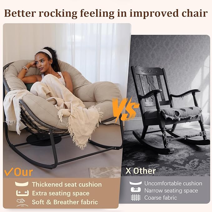 Oversized Rocking Chair Outdoor, Rocking Papasan Chair, Patio Egg Chair with Padded Cushion, Outdoor Wicker Rocking Chair for Front Porch, Garden, Patio(Beige)