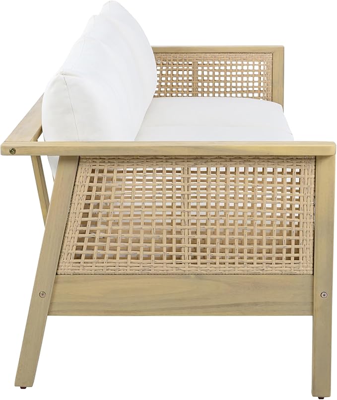 Merax Patio Acacia Wood PE Wicker 3-Seater Sofa with Waterproof Detachable Cushion, Outdoor Furniture - Photo 3