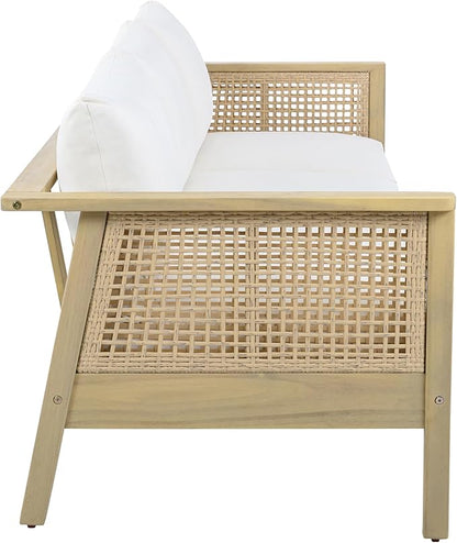 Merax Patio Acacia Wood PE Wicker 3-Seater Sofa with Waterproof Detachable Cushion, Outdoor Furniture, Light Teak Finish & Cream Cushion