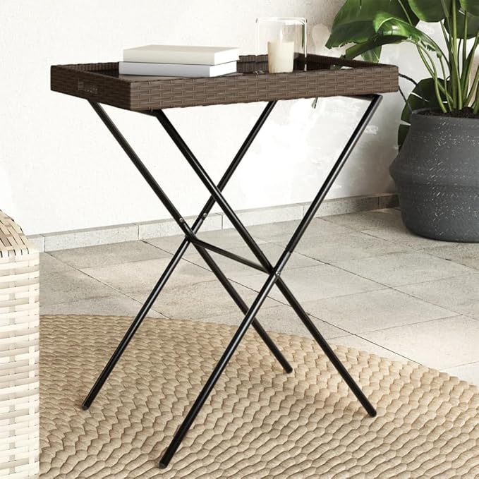 Folding Tray Table, Outdoor coffee table Outdoor Dining Table Outdoor side table Patio table Patio Bistro Accent Table Suitable for Garden Patio Backyard Deck Brown 25.6"x15.7"x29.5" Poly Rattan