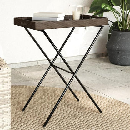 Folding Tray Table, Outdoor coffee table Outdoor Dining Table Outdoor side table Patio table Patio Bistro Accent Table Suitable for Garden Patio Backyard Deck Brown 25.6"x15.7"x29.5" Poly Rattan