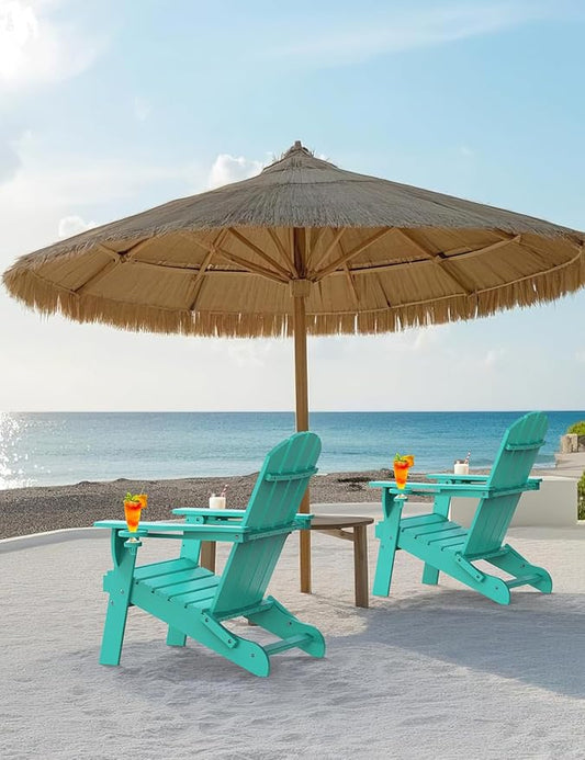 Folding Adirondack Chair, Wooden Textured Plastic Adirondack Chairs with 2 Cup Holder, Weather Resistant HDPE Fire Pit Chair, Outdoor Patio Chairs for Garden, Backyard, Lawn, Deck, 380LBS, Lake Blue