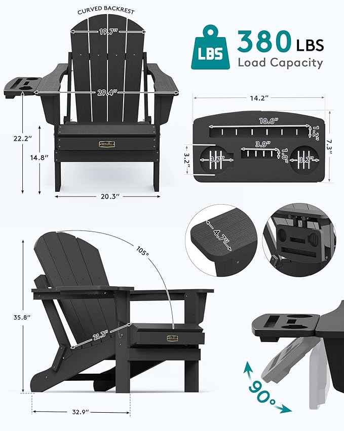 SERWALL Folding Adirondack Chair Set of 4, Outdoor Adirondack Chairs with 4 in 1 Cup Holder, Wood Texture Patio Chairs, Weather Resistant Fire Pit Chairs for Patio Deck Garden, Backyard Deck - Black